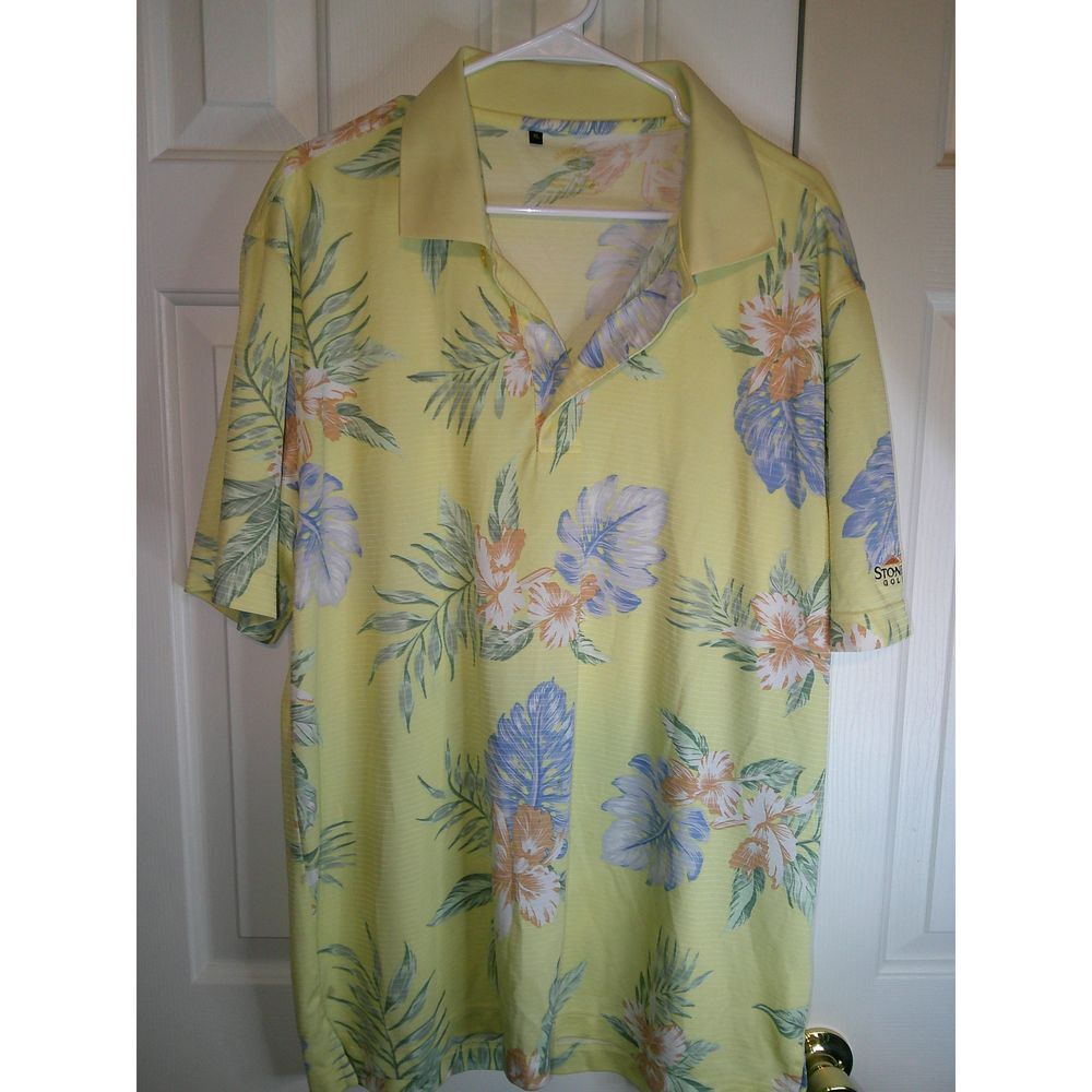 Monterey Club Floral Golf Polo Shirt Tropical Print Short Sleeve Yellow XL